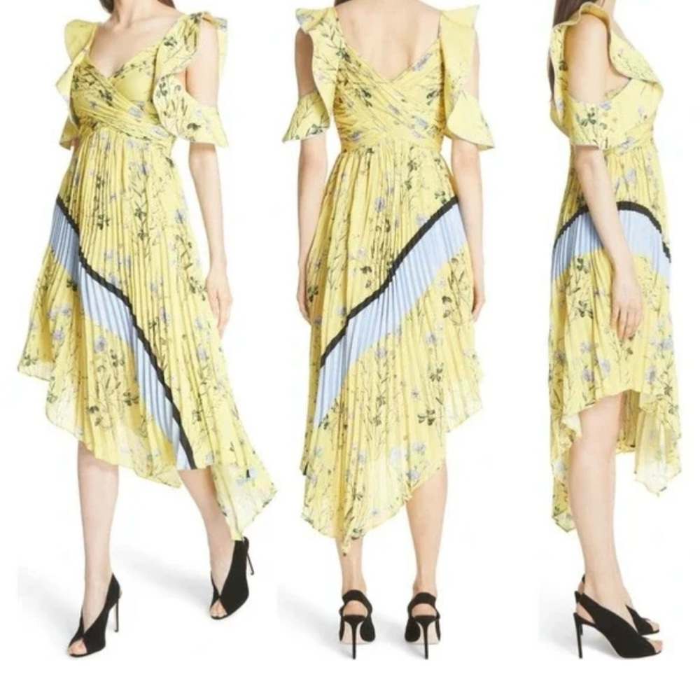 Self-Portrait Asymmetrical Yellow Floral Dress with Blue Details